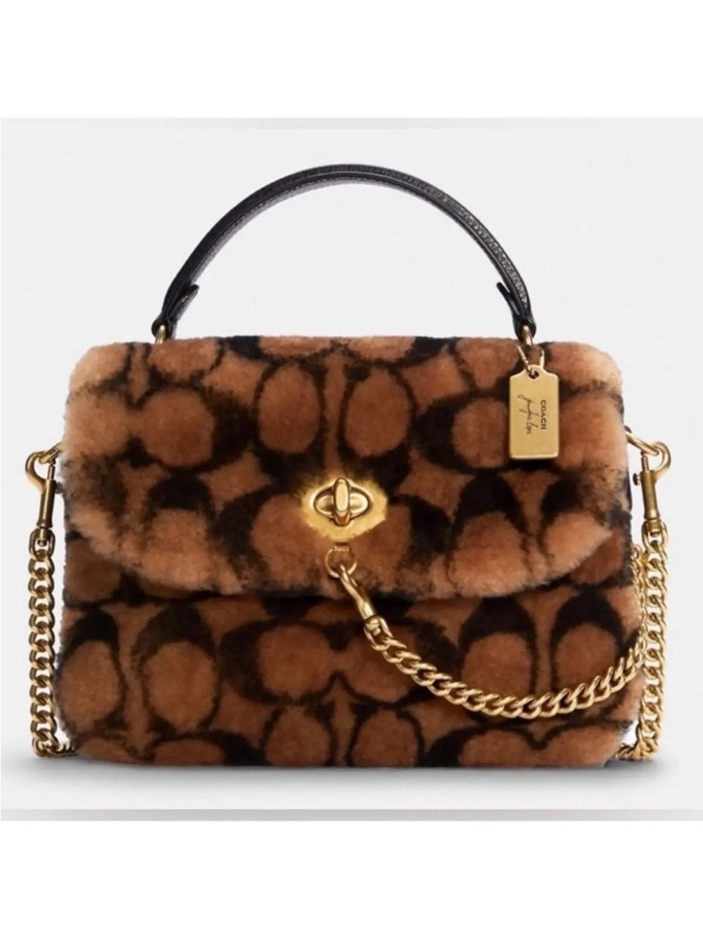 Jennifer Lopez X Coach; Signature Shearling Top Handle Satchel in Brown